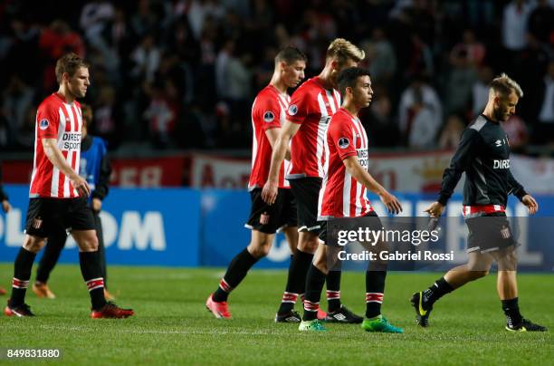 Players of Estudiantes leave the field after losing the second leg match between Estudiantes and Nacional as part of round of 16 of Copa CONMEBOL...