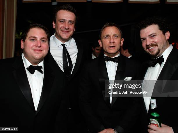 Actors Jonah Hill, Jason Segel, Daniel Craig and Danny McBride attend the 2009 Vanity Fair Oscar party hosted by Graydon Carter at the Sunset Tower...