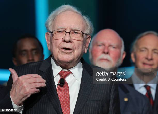 Philanthropist Warren Buffett speaks during the Forbes Media Centennial Celebration at Pier 60 on September 19, 2017 in New York City.