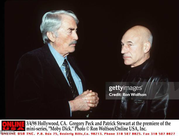 Hollywood, CA. Gregory Peck with the new ''Captain Ahab,'' Patrick Stewart at the premiere of the mini-series, "Moby Dick." Airs March 15-16, 1998 on...