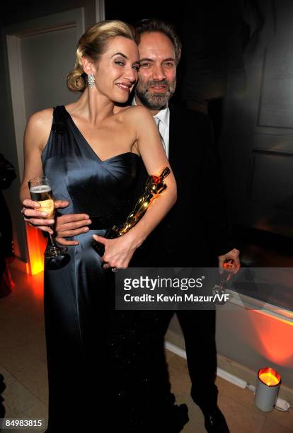 Actress Kate Winslet and Sam Mendes attends the 2009 Vanity Fair Oscar party hosted by Graydon Carter at the Sunset Tower Hotel on February 22, 2009...