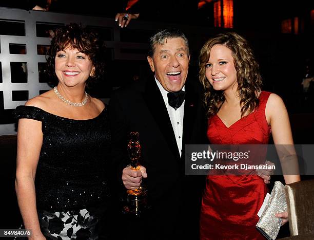 Actor Jerry Lewis recipient of the Jean Hersholt Humanitarian Award and wife SanDee Pitnick and daughter Daniele Lewis attend the 81st Annual Academy...