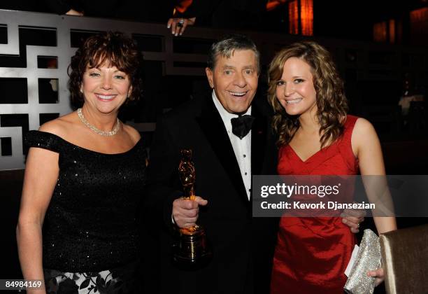 Actor Jerry Lewis recipient of the Jean Hersholt Humanitarian Award and wife SanDee Pitnick and daughter Daniele Lewis attend the 81st Annual Academy...