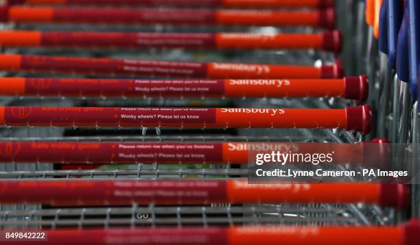 General view of Sainsbury's trolleys at a store in Macclesfield after the chain posted better-than-expected sales figures, after a quarter in which...