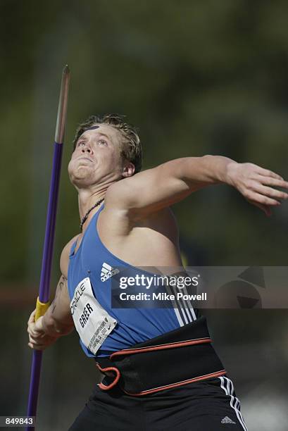 Breaux Greer competes in the men's javelin finals to go on to win the gold medal during the 2002 USA Outdoor Track & Field Championships on June 22,...
