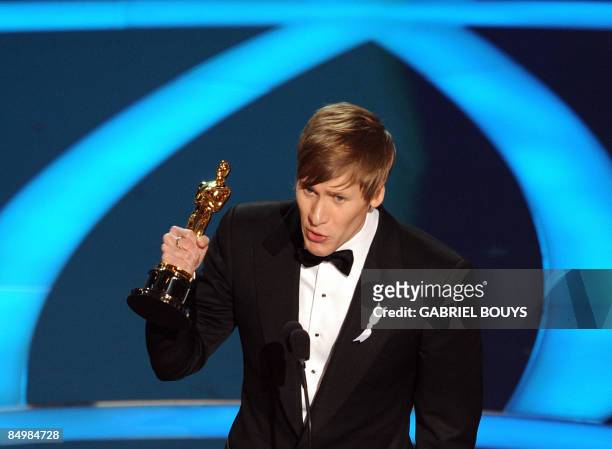 Winner for Best Original Screenplay Dustin Lance Black for "Milk" gives his acceptance speech at the 81st Academy Awards at the Kodak Theater in...