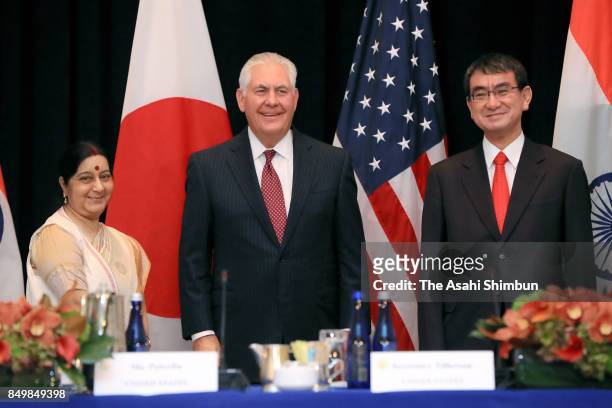 Indian External Affairs Minister Sushma Swaraj, U.S. Secretary of State Rex Tillerson and Japanese Foreign Minister Taro Kono attend a meeting on...