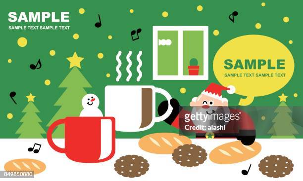 merry christmas and new year greeting card, coffee time with cute santa claus and snowman - retirement invitation stock illustrations