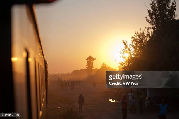 Sunset in the Royal Livingstone Express luxury train. The Steam Locomotive, 156 is a 10th Class originally belonging to the Zambezi Sawmills Limited....