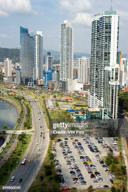 Skyline, Panama City, Panama, Central America. Cinta Costera Pacific Ocean Coastal Beltway Bahia de Panama linear park seawall skyline skyscraper...