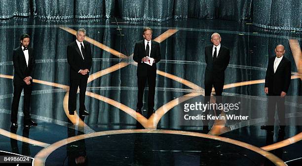 Actors Adrien Brody, Robert De Niro, Michael Douglas, Sir Anthony Hopkins and Sir Ben Kingsley present the award for Best Actor during the 81st...