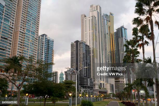 Balboa Avenue skyline skyscraper road seawall new. Skyline, Panama City, Panama, Central America. Cinta Costera Pacific Ocean Coastal Beltway Bahia...