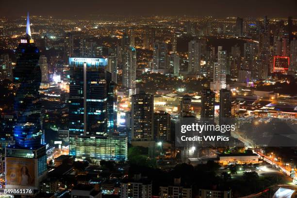 Skyline, Panama City, Panama, Central America by night. Cinta Costera Pacific Ocean Coastal Beltway Bahia de Panama linear park seawall skyline...