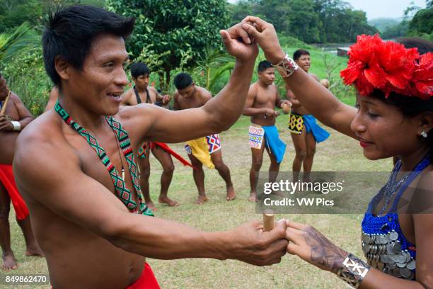 Music and dancing in the village of the Native Indian Embera Tribe, Embera Village, Panama. Panama Embera people Indian Village Indigenous Indio...