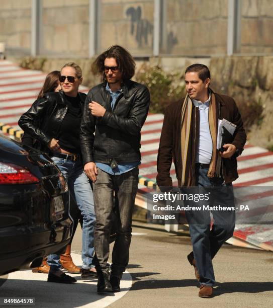 Sharon Stone and boyfriend Martin Mica with DouroAzul CEO Mario Ferreira arrive at Porto Heliport prior to flying out to the Quinta das Carvalhas...