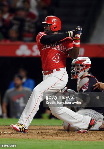 Los Angeles Angels of Anaheim second baseman Brandon Phillips drives in a run in the eighth inning of a game against the Cleveland Indians, on...