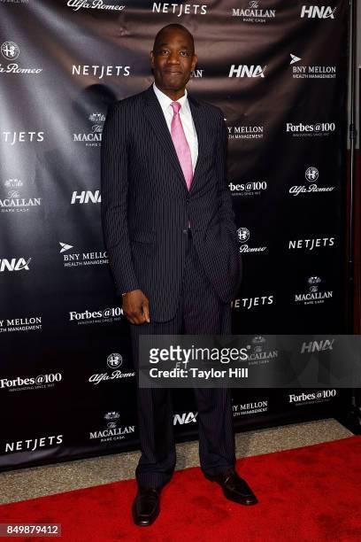Dikembe Mutombo attends the Forbes Media Centennial Celebration at Pier 60 on September 19, 2017 in New York City.