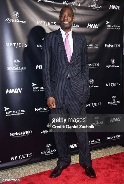 Former NBA Player Dikembe Mutombo attends the Forbes Media Centennial Celebration at Pier 60 on September 19, 2017 in New York City.