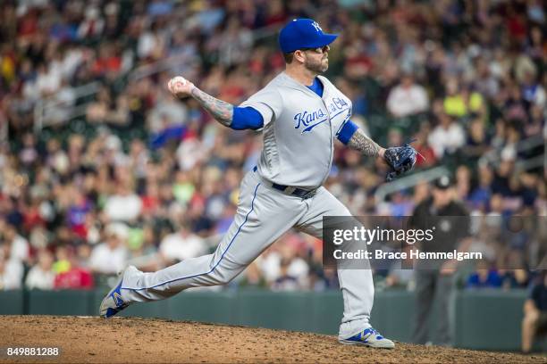 Peter Moylan of the Kansas City Royals pitches against the Minnesota Twins on September 2, 2017 at Target Field in Minneapolis, Minnesota. The Twins...