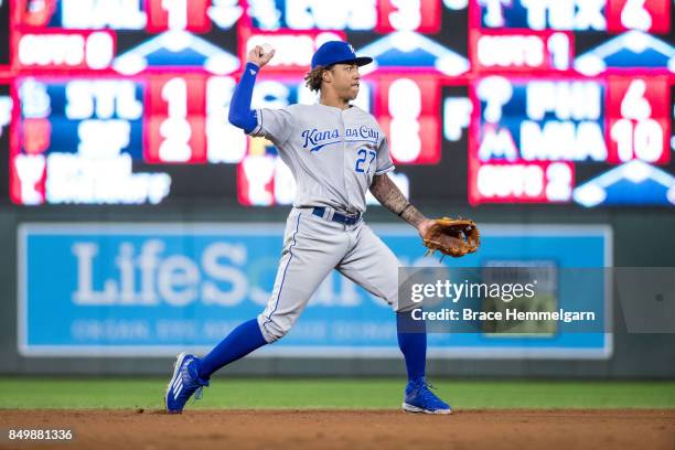 Raul Mondesi of the Kansas City Royals throws against the Minnesota Twins on September 2, 2017 at Target Field in Minneapolis, Minnesota. The Twins...