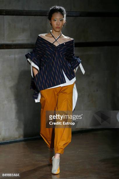 Model walks the runway at the palmer//harding show during London Fashion Week September 2017 on September 19, 2017 in London, England.