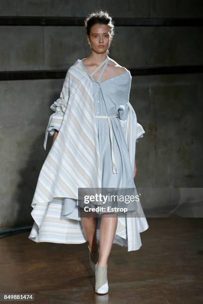 Model walks the runway at the palmer//harding show during London Fashion Week September 2017 on September 19, 2017 in London, England.