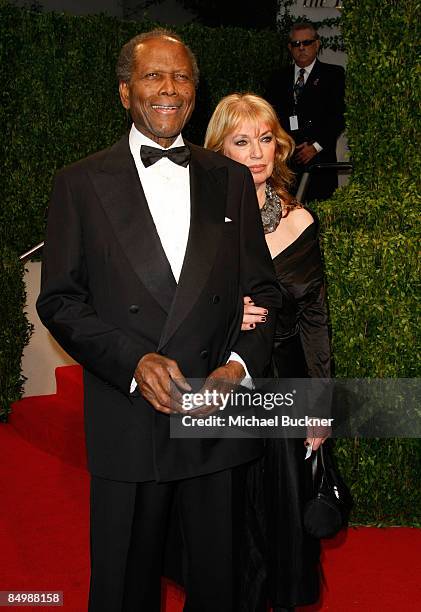 Actor Sidney Poitier and wife Joanna Shimkus arrive at the 2009 Vanity Fair Oscar Party hosted by Graydon Carter held at the Sunset Tower on February...