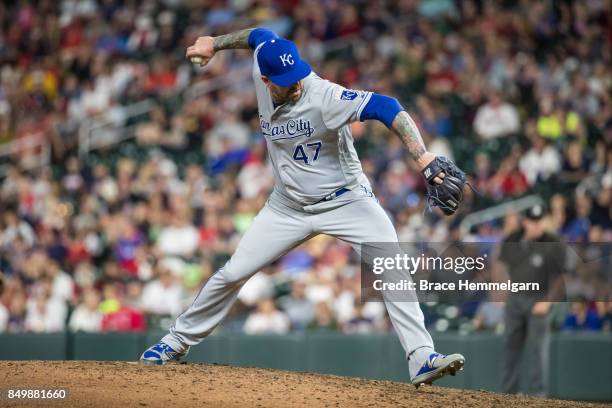 Peter Moylan of the Kansas City Royals pitches against the Minnesota Twins on September 2, 2017 at Target Field in Minneapolis, Minnesota. The Twins...