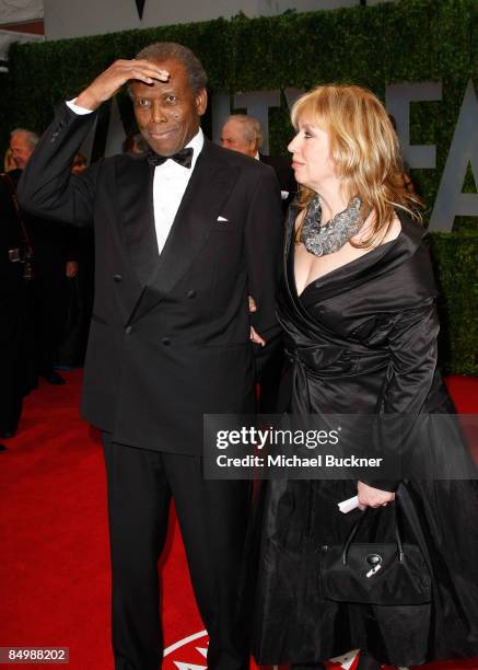 Actor Sidney Poitier and wife Joanna Shimkus arrive at the 2009 Vanity Fair Oscar Party hosted by Graydon Carter held at the Sunset Tower on February...