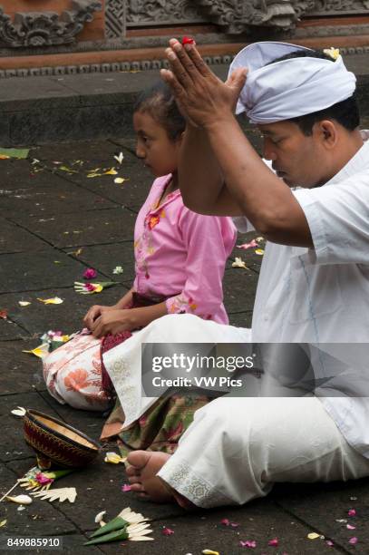 Father and daughter pray and leave offerings in the Holy Monkey Forest during the celebration of Galungan. A BALINESE family prays at PURA TIRTA...