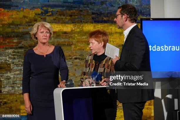 Monika Gruetters, Petra Pau and presenter Norbert Hansen during the live TV program 'Ihre Wahl - 6 Frauen für Berlin und Brandenburg' on September...