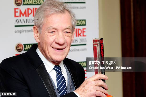 Sir Ian Mckellen with the Best Science Fiction Fantasy award, for the Hobbit, at the Empire Film Awards at the Grosvenor House Hotel in London.