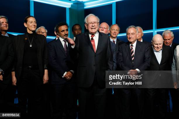 Warren Buffett speaks in honor of the Forbes Media Centennial Celebration at Pier 60 on September 19, 2017 in New York City. Among the people behind...
