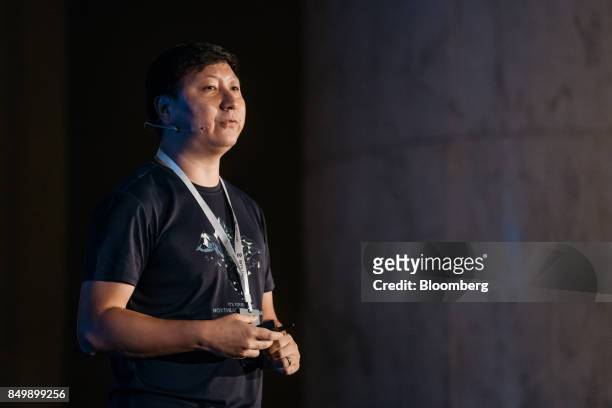 Leon Liu, chief executive officer of BitKan, speaks at the Shape the Future: Blockchain Global Summit in Hong Kong, China, on Wednesday, Sept. 20,...