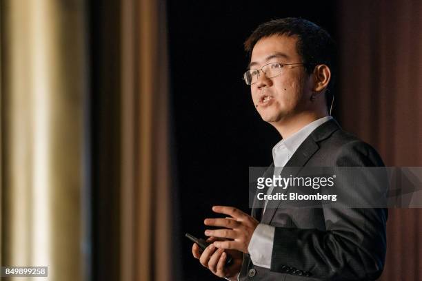 Wu Jihan, co-founder of Bitmain Technologies Ltd., speaks at the Shape the Future: Blockchain Global Summit in Hong Kong, China, on Wednesday, Sept....