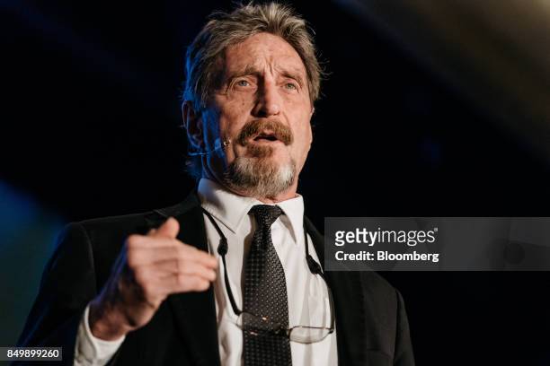 John McAfee, founder of McAfee Associates Inc. And chief cybersecurity visionary at MGT Capital Investments Inc., speaks at the Shape the Future:...