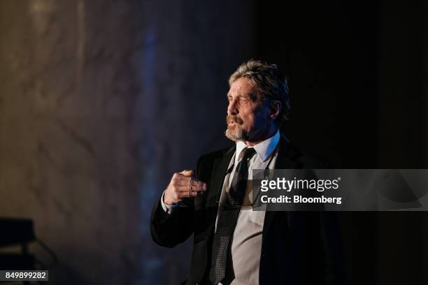 John McAfee, founder of McAfee Associates Inc. And chief cybersecurity visionary at MGT Capital Investments Inc., speaks at the Shape the Future:...