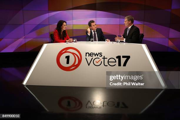 Presenter Mike Hosking chairs the TVNZ leaders debate between Labour Leader Jacinda Ardern and Prime Minister Bill English during the Vote 2017 2nd...