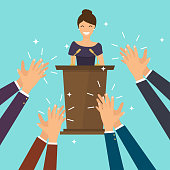 Success in business. Woman giving a speech on stage. Human hands clapping. Flat design modern vector illustration concept.