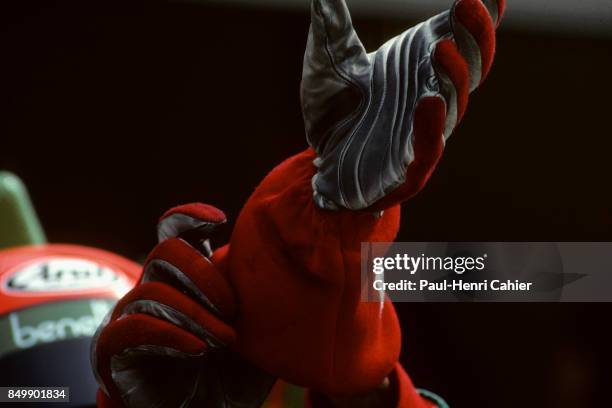 Emanuele Pirro, Grand Prix of Hungary, Hungaroring, Mogyorod, Hungary, August 13, 1989. The gloved hand of Emanuele Pirro as he gets ready to go...