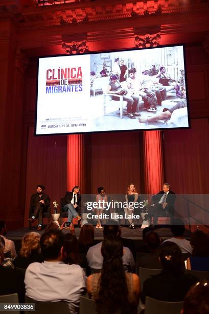 Maxim Pozdorovkin, Steve Larson, Karine Jean-Pierre, Daphne Owens and Jack Ludmir speak on stage to guests after HBO "Clinica De Migrantes" screening...