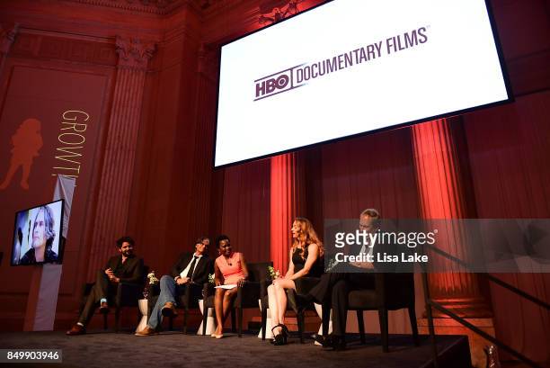 Maxim Pozdorovkin, Steve Larson, Karine Jean-Pierre, Daphne Owens and Jack Ludmir speak on stage to guests after HBO "Clinica De Migrantes" screening...