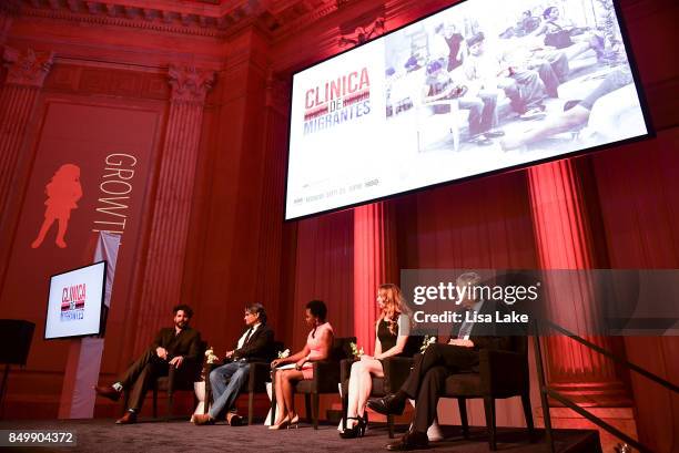 Maxim Pozdorovkin, Steve Larson, Karine Jean-Pierre, Daphne Owens and Jack Ludmir speak on stage to guests after HBO "Clinica De Migrantes" screening...