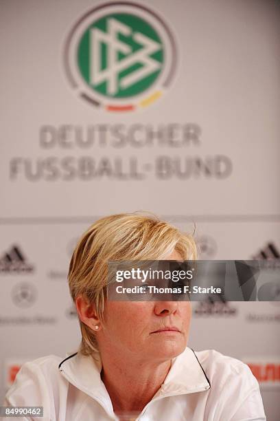 Head coach Silvia Neid looks on during the Women's German National Team Press Conference at the Hotel Klosterpforte on February 23, 2009 in...
