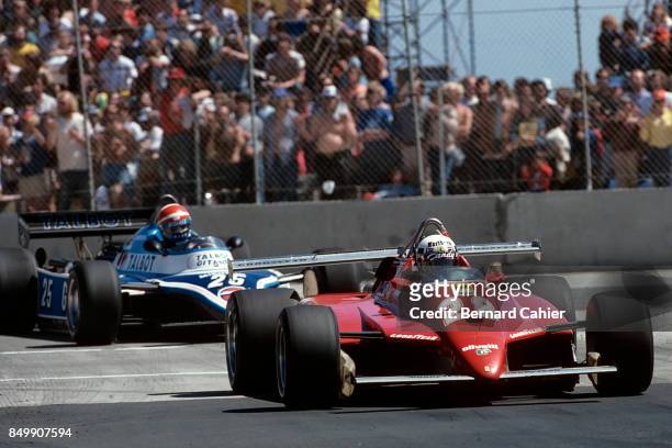 Didier Pironi, Eddie Cheever, Ferrari 126C2, Ligier-Matra JS17B, United States Grand Prix West, Long Beach, California, April 4, 1982.