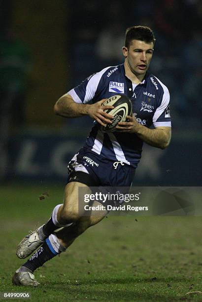 Chris Bell charges upfield during the Guinness Premiership match between Sale Sharks and Bristol at Edgeley Park on February 20, 2009 in Stockport,...