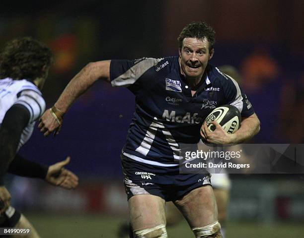 Dean Schofield of Sale charges upfield during the Guinness Premiership match between Sale Sharks and Bristol at Edgeley Park on February 20, 2009 in...