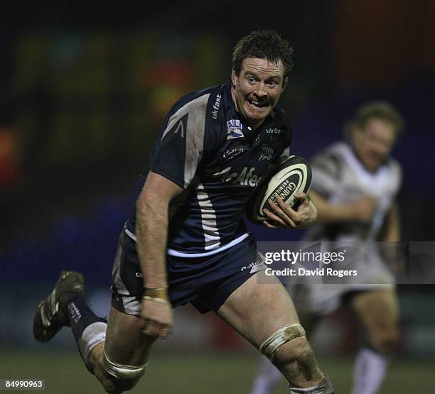 Dean Schofield of Sale charges upfield during the Guinness Premiership match between Sale Sharks and Bristol at Edgeley Park on February 20, 2009 in...