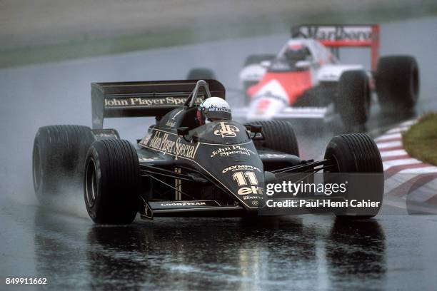 Elio de Angelis, Alain Prost, Lotus-Renault 97T, McLaren-TAG-Porsche MP4/2, Grand Prix of Portugal, Autodromo do Estoril, Estoril, Portugal, April...