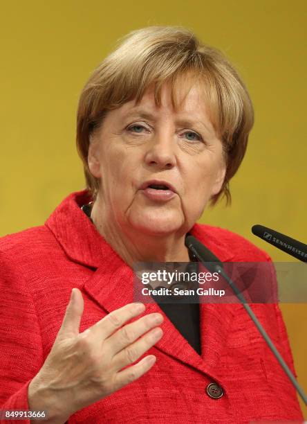 German Chancellor and Christian Democrat Angela Merkel speaks at an election campaign stop on September 19, 2017 in Schwerin, Germany. Merkel is...